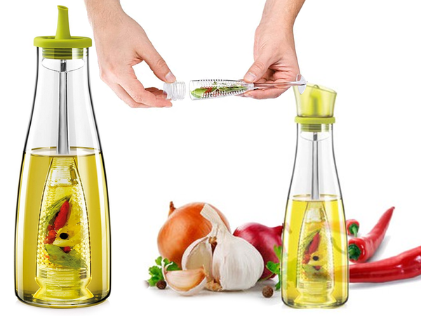 Sklenená fľaša na olej a ocot s dávkovačom na bylinky 0,5 l