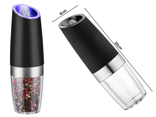 Electric gravity pepper and salt mill with lighting and adjustment