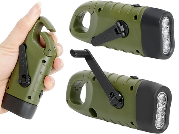 DYNAMO SOLAR 3 LED KINETIC HAND-CRANK FLASHLIGHT WITH CLIP