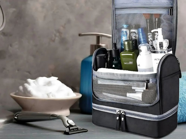 Ceļojumu kosmētikas somiņa ar āķi liela unisex ūdensnecaurlaidīga melna