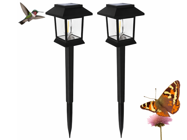 2 x SOLAR LAMP WITH TWILIGHT AND MOTION SENSOR, WATERPROOF, DECORATIVE