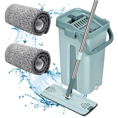 Balai à franges plat avec seau pliable en microfibre raclette pour sols 2 embouts