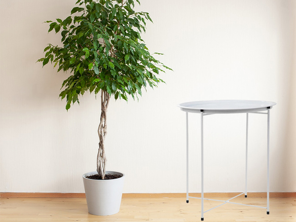 Apvalus metalinis sulankstomas staliukas su padėklu balkonui, terasai, palėpėje, baltas