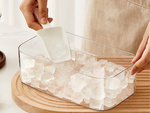 Ice cube tray for 50 cubes with container, buttons and scoop