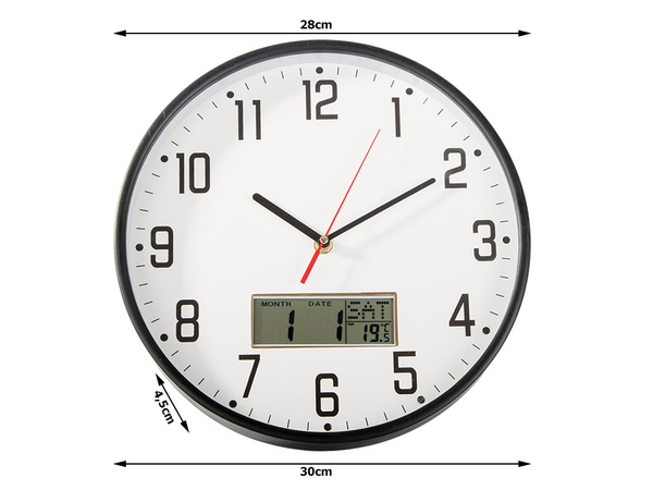 Reloj de pared grande silencioso 30cm redondo puntero fecha temperatura madera