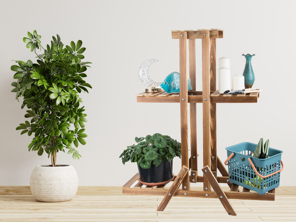 Dreistöckiger blumentopfständer blumentöpfe aus holz