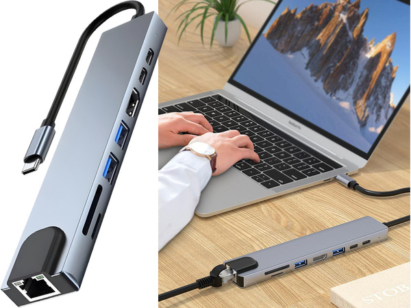 Hub adapter 8in1 connecteur 2x usb-c thunderbolt 3 2xusb hdmi sd rj45