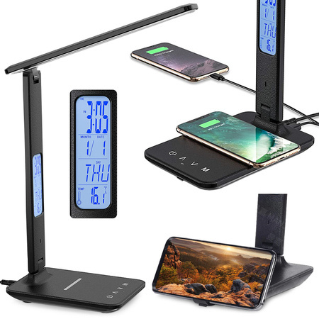 Led galda lampa skola usb pulkstenis qi lādētājs