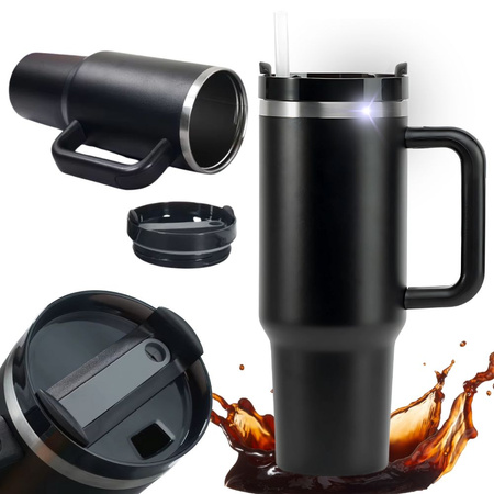 Large thermal mug, 1.2 l, straw with steel handle, thermos for cold and hot beverages