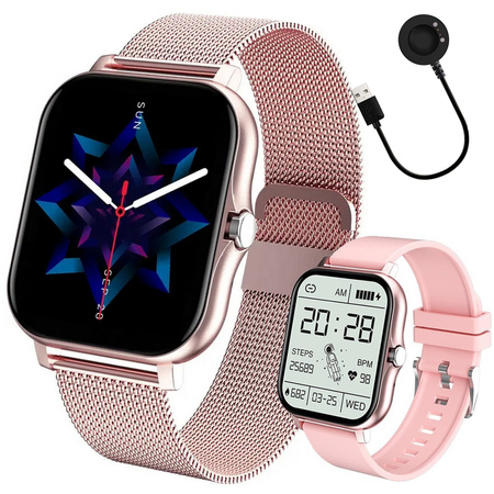 Reloj inteligente para mujer y hombre con correa de goma, deportivo, Bluetooth, llamadas, rosa