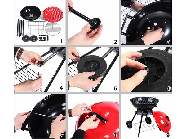 Záhradný gril na drevené uhlie brikety kolesá okrúhle veko uzamykateľné prenosné