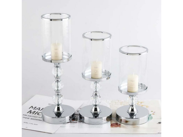 Candle holders glamour metal crystal glass set chrome 3 pcs