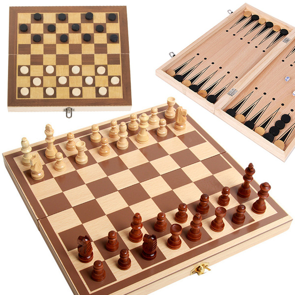 Chess game checkers triktrak large wooden 3in1