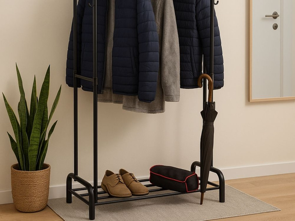 Porte-vêtements sur pied avec étagères pour chaussures et vestes armoire métallique