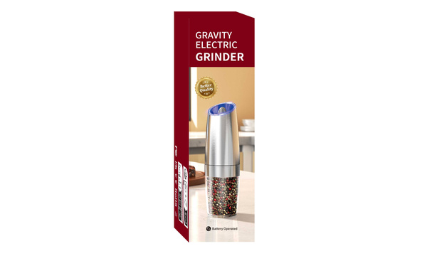 Electric gravity pepper and salt mill with lighting and adjustment