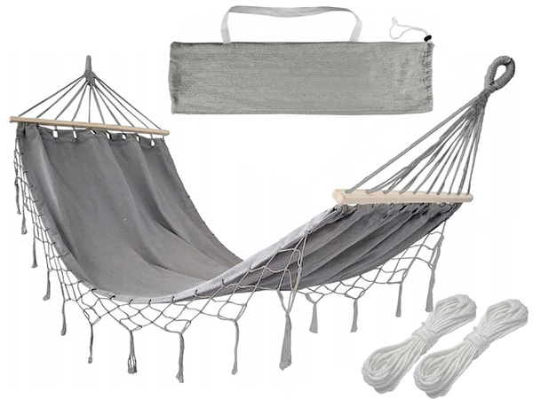 Kerti függőágy turista szürke rojtos hinta boho táska 200 x 100cm