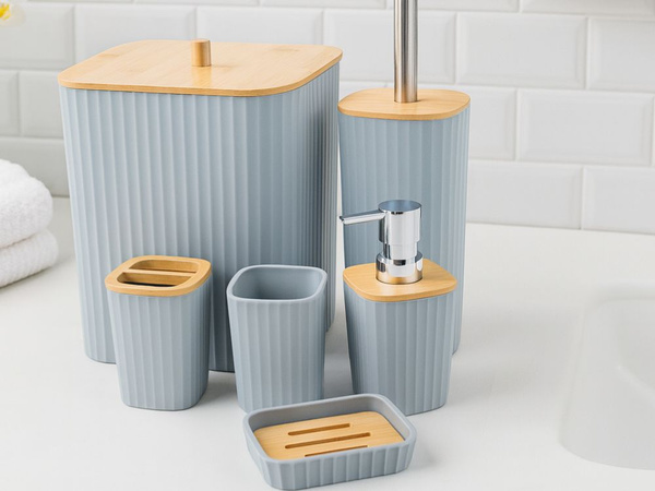 Bathroom set toilet brush dispenser bamboo bin 6 pieces