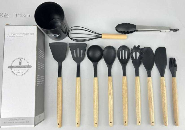 Ensemble d'ustensiles de cuisine en silicone et bois accessoires cuillères 12 pièces