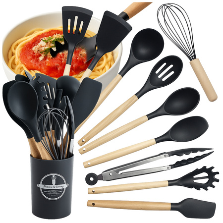 Set de utensile de bucătărie din silicon accesorii din lemn linguri 12 piese