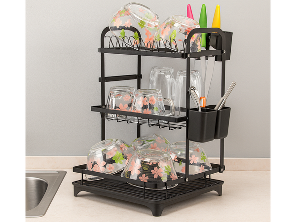 Two-level dish dryer for plates, cutlery and cups with draining tray