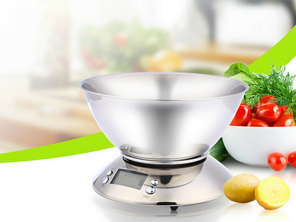 Electronic kitchen scale digital with bowl 5kg lcd silver metal