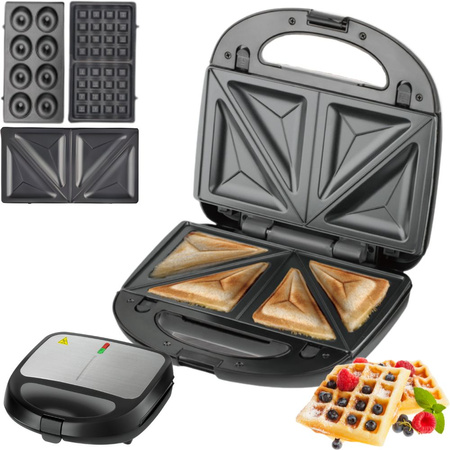3-in-1-grill, toaster, waffeleiser, donuts, austauschbare platten, 850 w, antihaftbeschichtet
