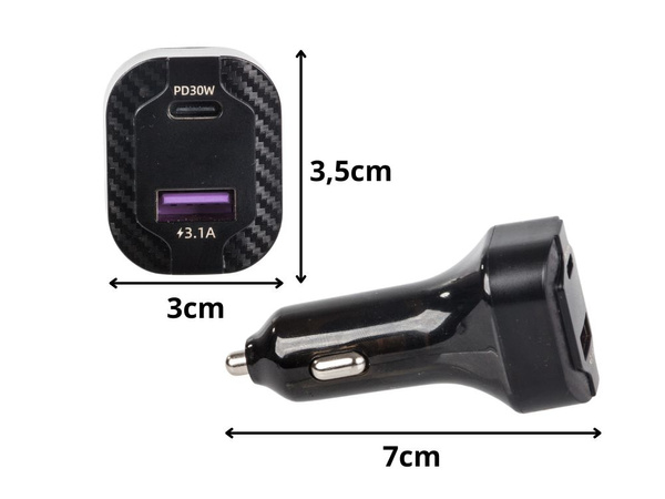 Rychlá nabíječka do auta usb-c 30w a usb-a 15w pro zásuvku zapalovače cigaret