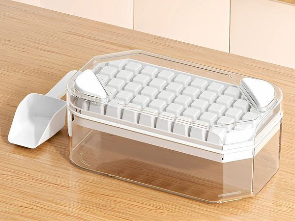 Ice cube tray for 50 cubes with container, buttons and scoop