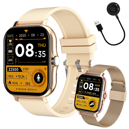 Reloj inteligente para mujer y hombre con correa de goma, deportivo, Bluetooth, llamadas, dorado