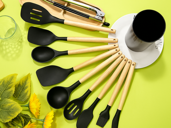Juego de utensilios de cocina de silicona y madera accesorios cucharas 12 piezas