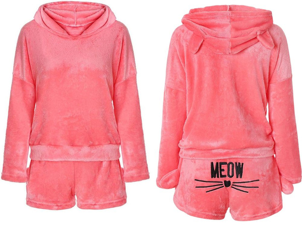 Warm women's pyjamas two-piece with hood soft plush short m