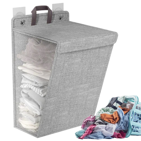 Folding laundry basket for bathroom laundry room wall door grey