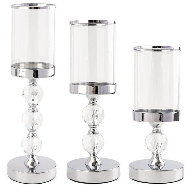 Candle holders glamour metal crystal glass set chrome 3 pcs