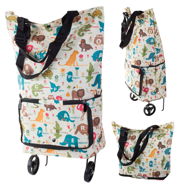 Shopping bag trolley with shoulder wheels foldable