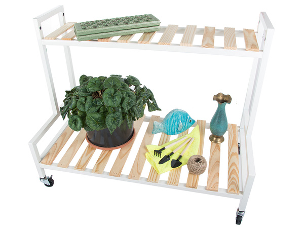 Wooden flowerbed for potted flowers two-storey shelf on wheels terrace