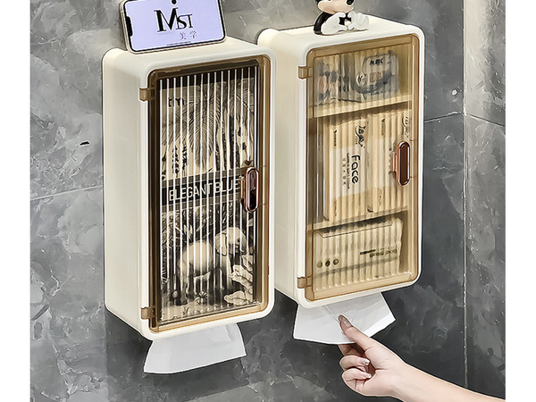 Koupelnová police nástěnná závěsná 3 úrovně dvířka otvor na kapesníky