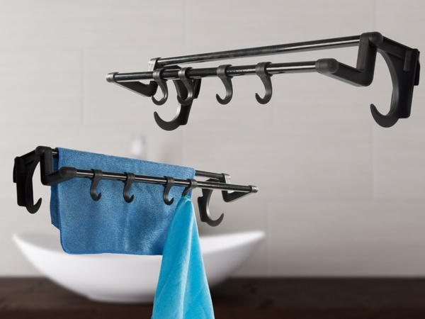 Colgador de baño negro para toallas y accesorios 40cm sin taladrar 4 ganchos