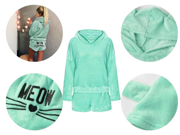 Warm women's pyjamas two-piece with hood soft plush short m