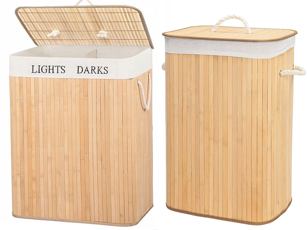 Bamboo laundry basket 2 compartment free-standing organiser container lid