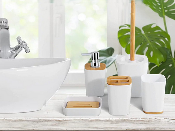 Badezimmer-set badezimmerbürste wc seifenspender abfallkorb bambus 5