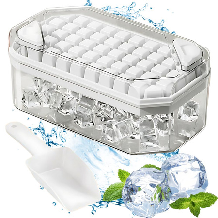 Ice cube tray for 50 cubes with container, buttons and scoop
