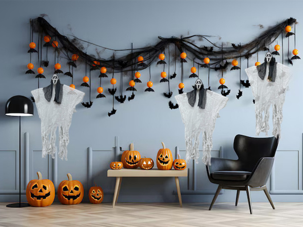 Halloweenská dekorace závěsná dekorace maska ducha křik kostlivce fantom 90 cm