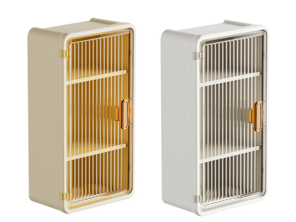 Wall-mounted bathroom shelf, 3 levels, doors, opening for tissues