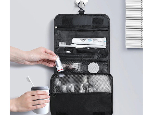 Neceser de viaje colgante con organizador para el baño, cierre con cremallera y asa.