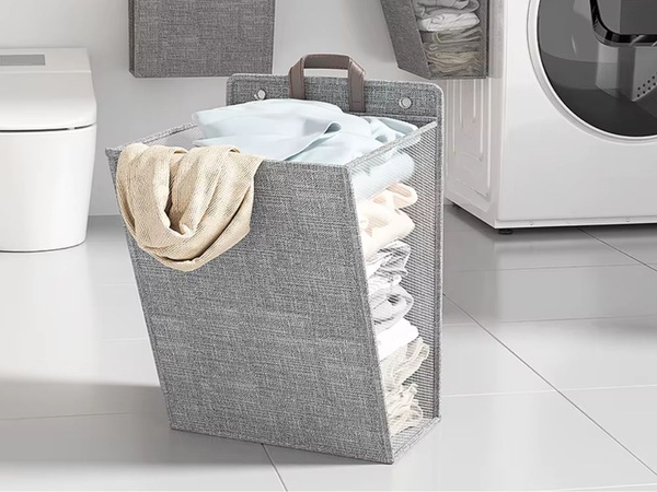Folding laundry basket for bathroom laundry room wall door grey