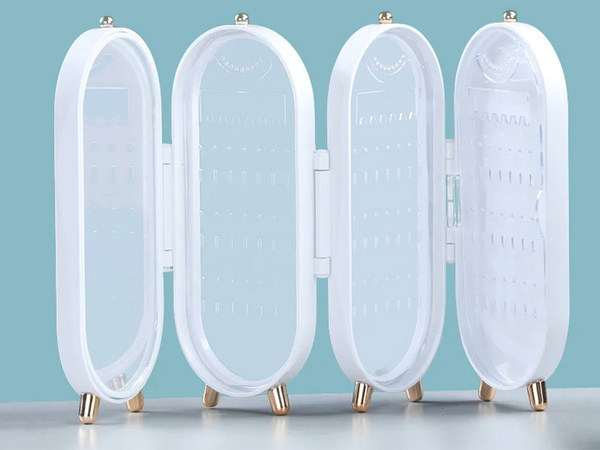 Juvelyrinių dirbinių organizatorius, sulankstoma skrynelė, veidrodinis stendas, balta