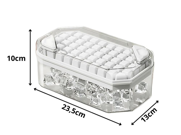 Ice cube tray for 50 cubes with container, buttons and scoop