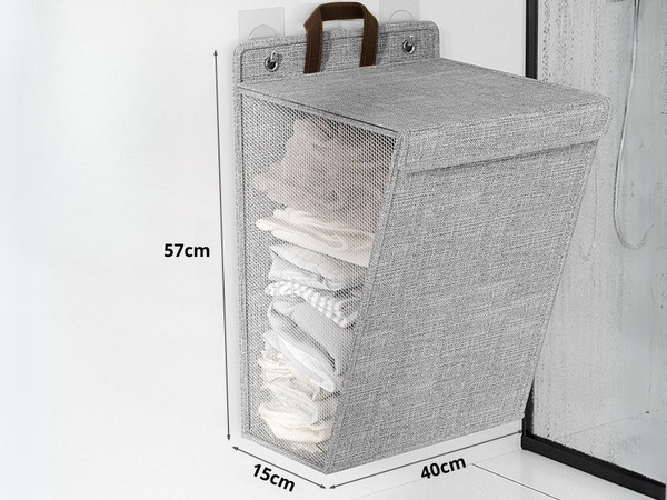Folding laundry basket for bathroom laundry room wall door grey