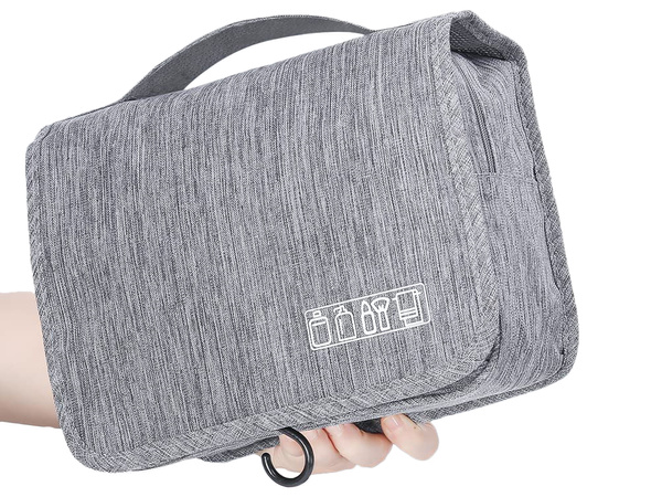 Travel cosmetics bag, hanging organiser for the bathroom, with zip, hook and handle