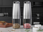 Electric gravity pepper and salt mill with lighting and adjustment